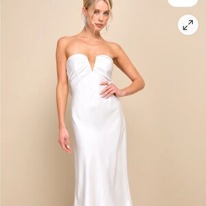 Luxe Crush White Satin Rhinestone Bow Strapless Midi Dress Size Medium Like New